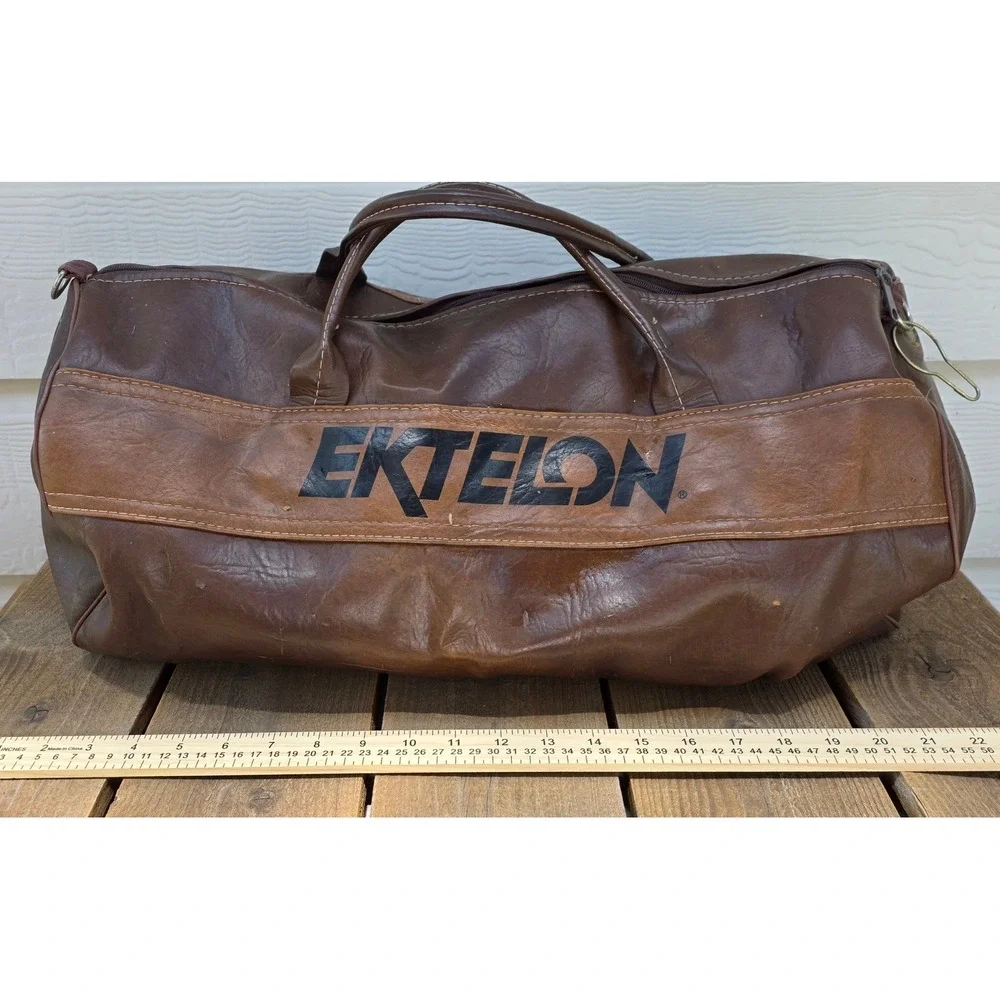 Vintage Ektelon Racquetball Duffel Bag Brown FauxLeather Gym Travel Luggage 22in